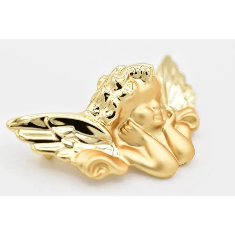 Danecraft Vintage Brushed Gold Cherub Angel Brooch Pendant Signed NOS 1980s A25
